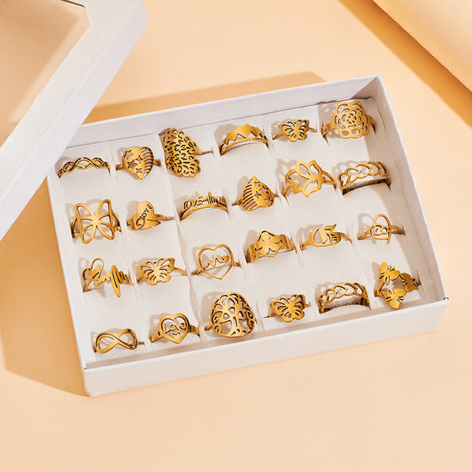 24 PCS Box 100 PCS Box Fashion Ring Set Gold Plated Stainless Steel Rings For Women Girls